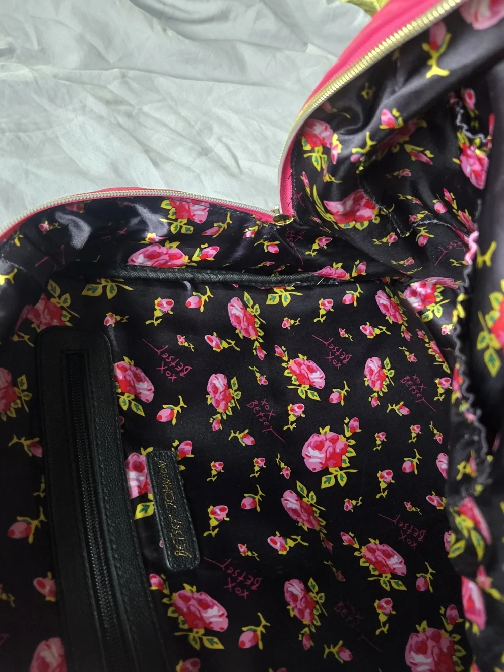 Betsey Johnson Rotary Phone Stripe Backpack with Hot Pink Trim Rose Interior